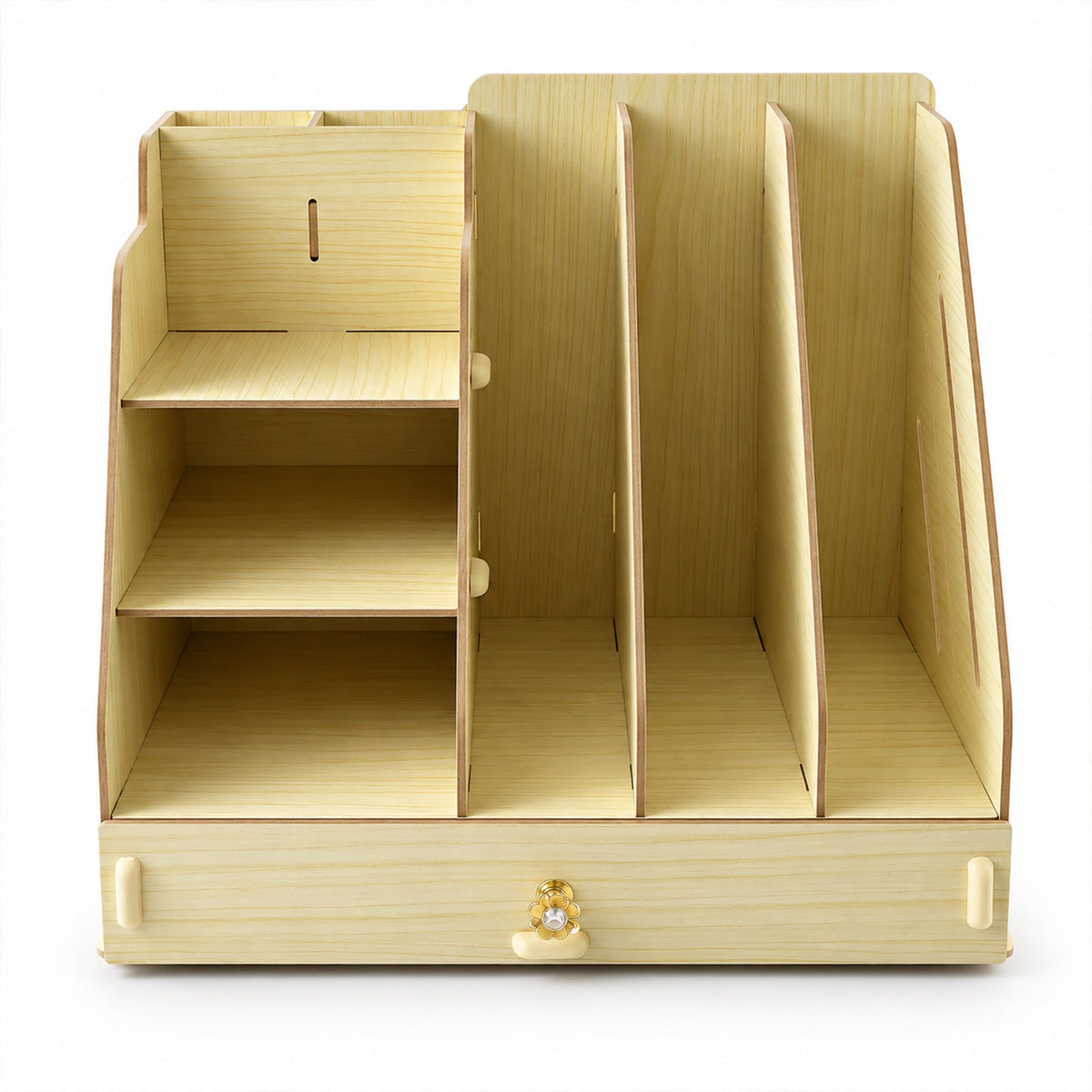 Front view of an empty light wood desk organizer with shelves, file slots, and a drawer.