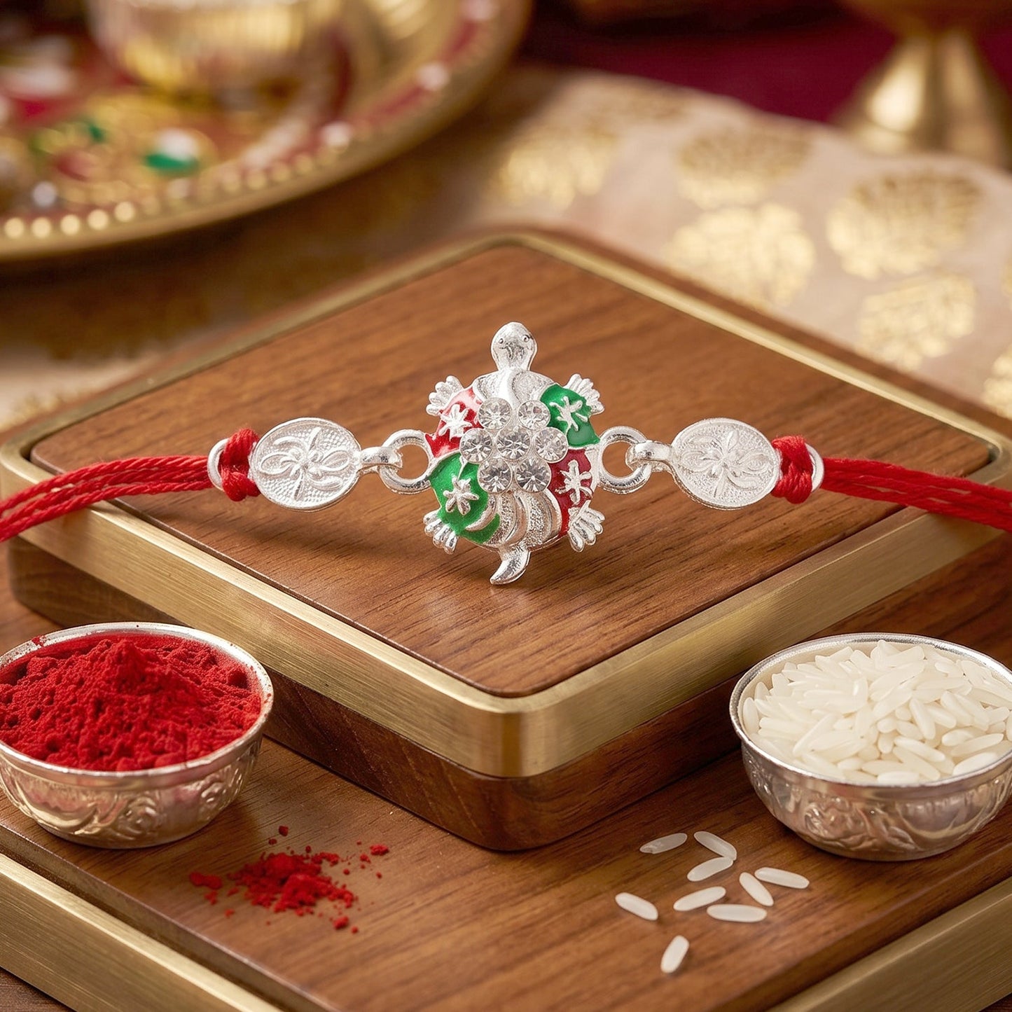 Close-up of the coral-green enamel turtle motif with crystal details on the rakhi.