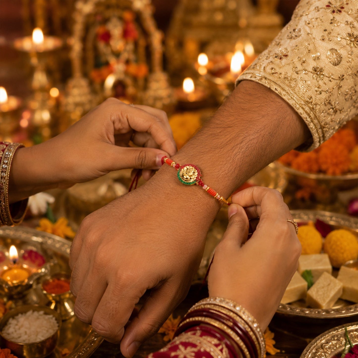 Close-up of decorative beads on the Ganesha Rakhi