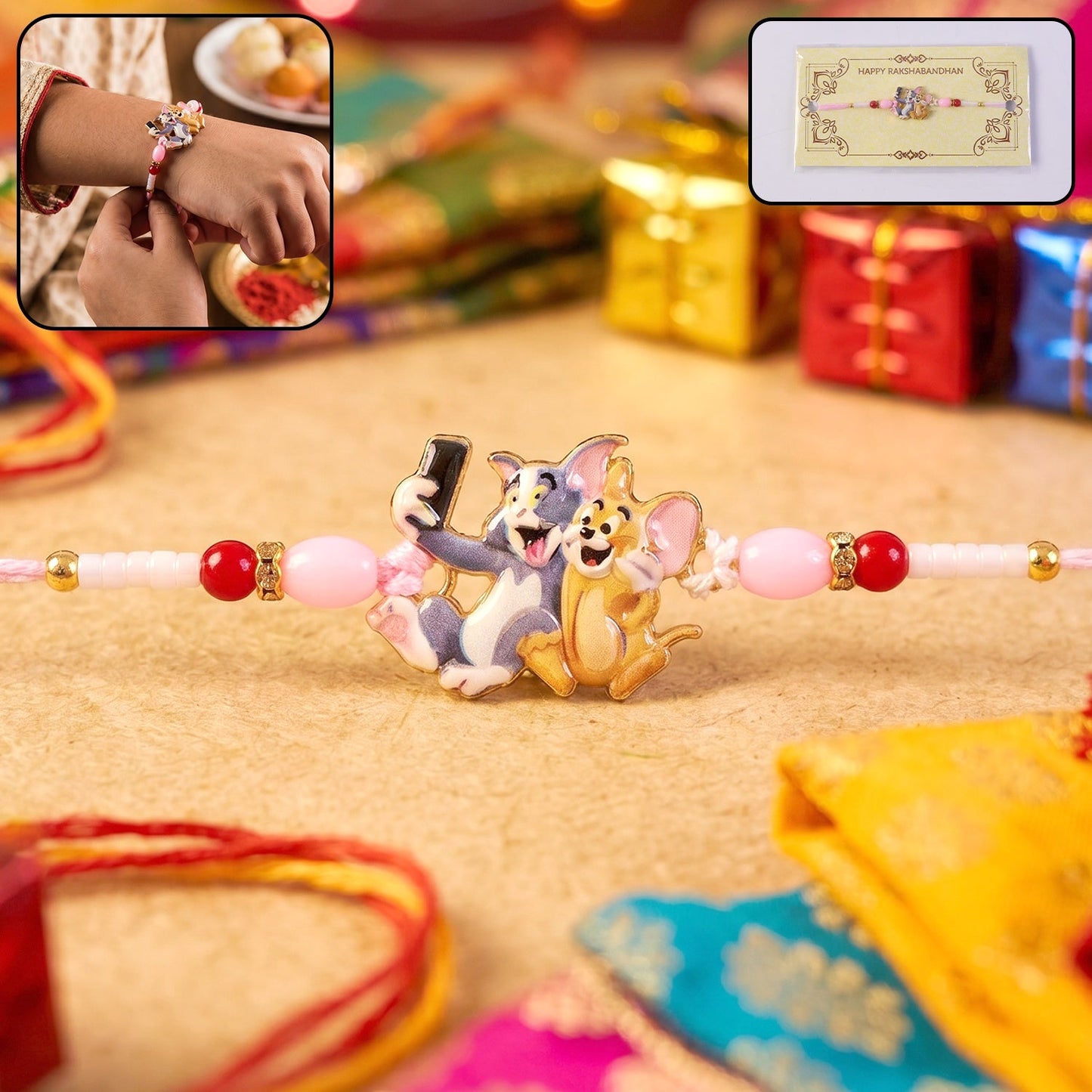 Kids Rakhi featuring cartoon cat and mouse selfie with decorative beads