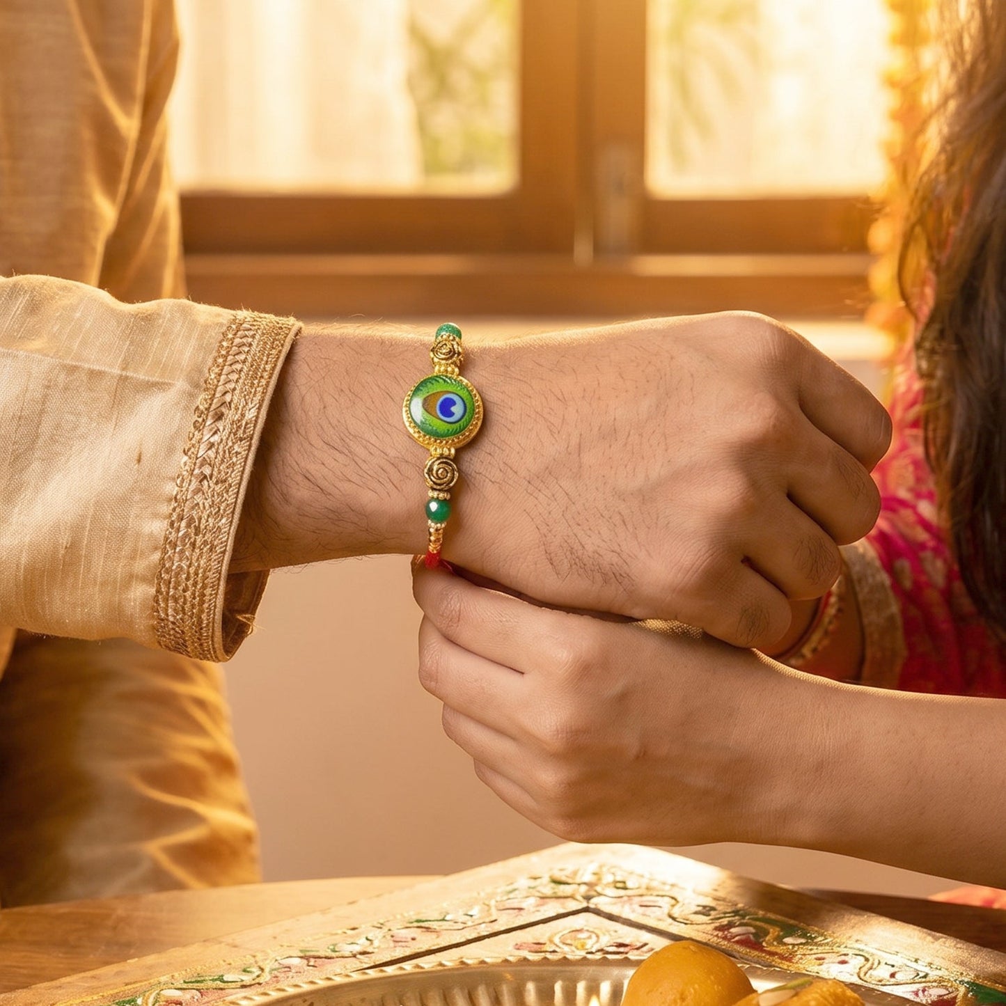 Top view of Morpich Rakhi showing decorative beads