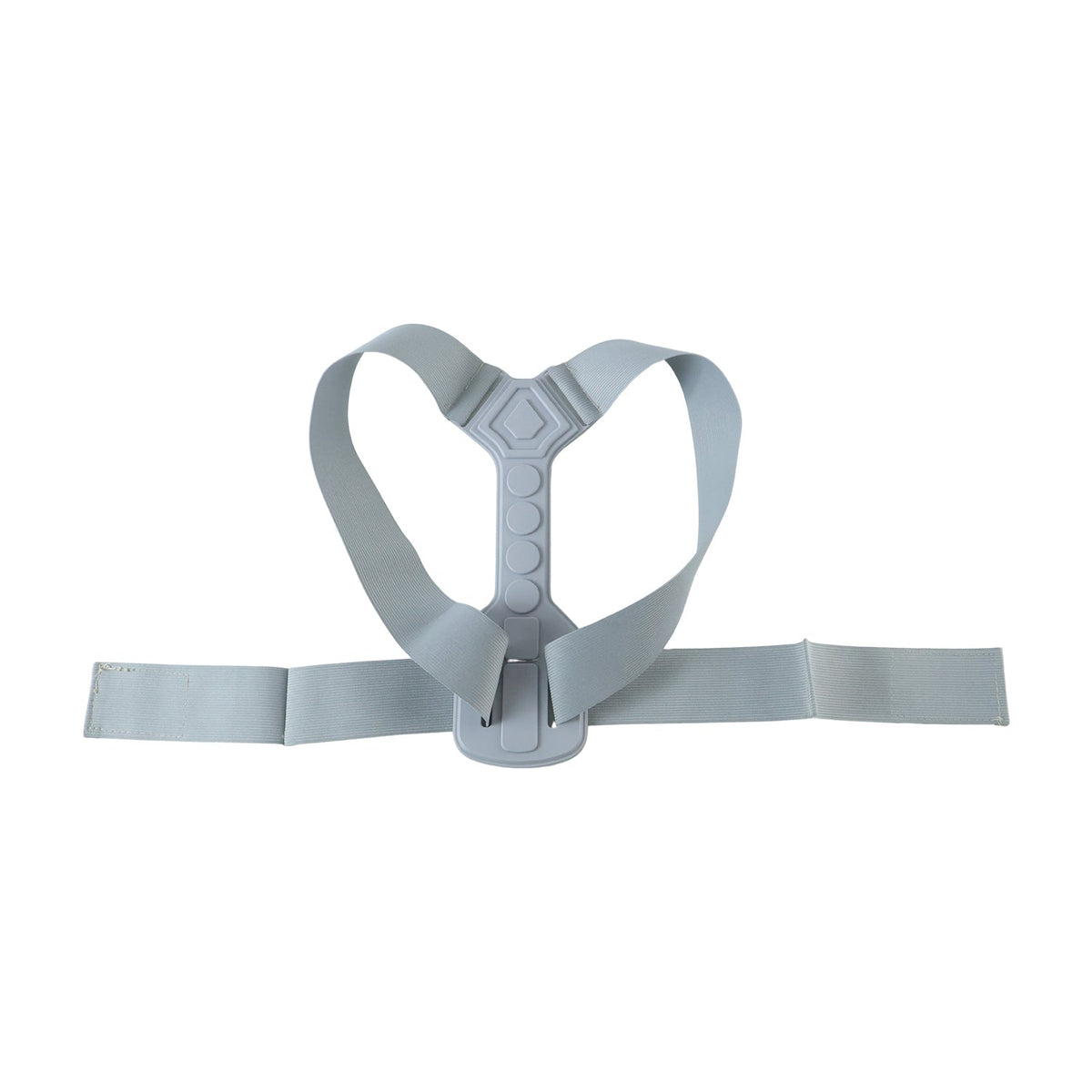 A grey posture corrector belt with a central grey spine support and adjustable straps, isolated on a white background.