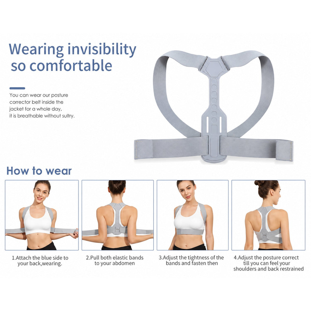 Infographic showing the features and four steps for how to wear the grey posture corrector belt.