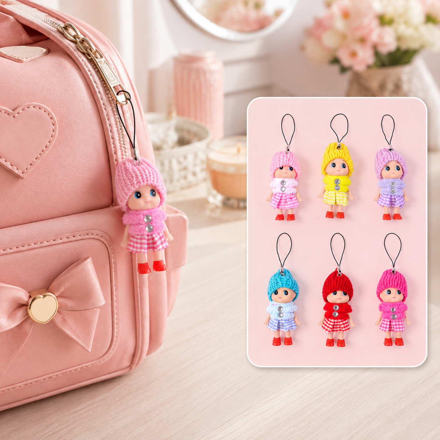 Cute Mini Doll Hanging Keychain Set (6 Pc Mix Color)