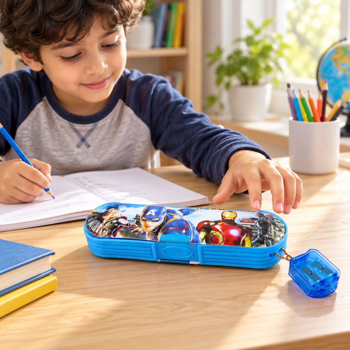 Plastic printed stationery pencil box with attached sharpener 01