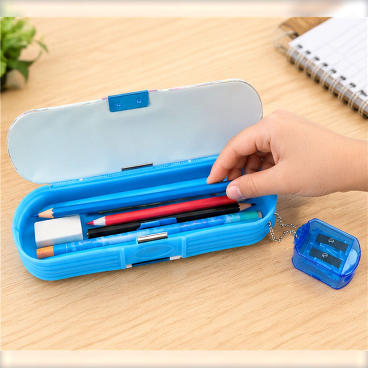 Plastic printed stationery pencil box with attached sharpener 03