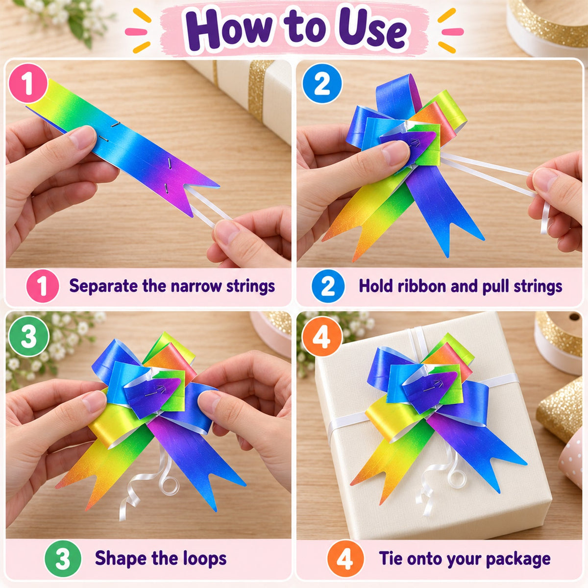 Colourful rainbow pull bow ribbons for gift wrapping five piece set 03