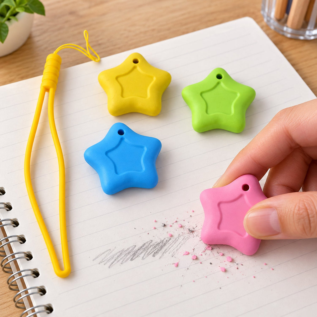 A hand holds a pink star eraser, removing pencil marks from a notebook page, with yellow, green, and blue star erasers