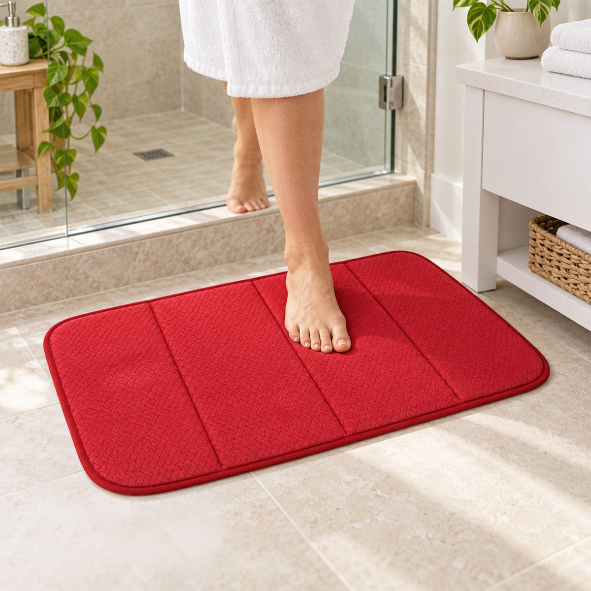 A person's bare feet step onto a red rectangular bath mat with a textured surface, placed on a light tiled bathroom floor.