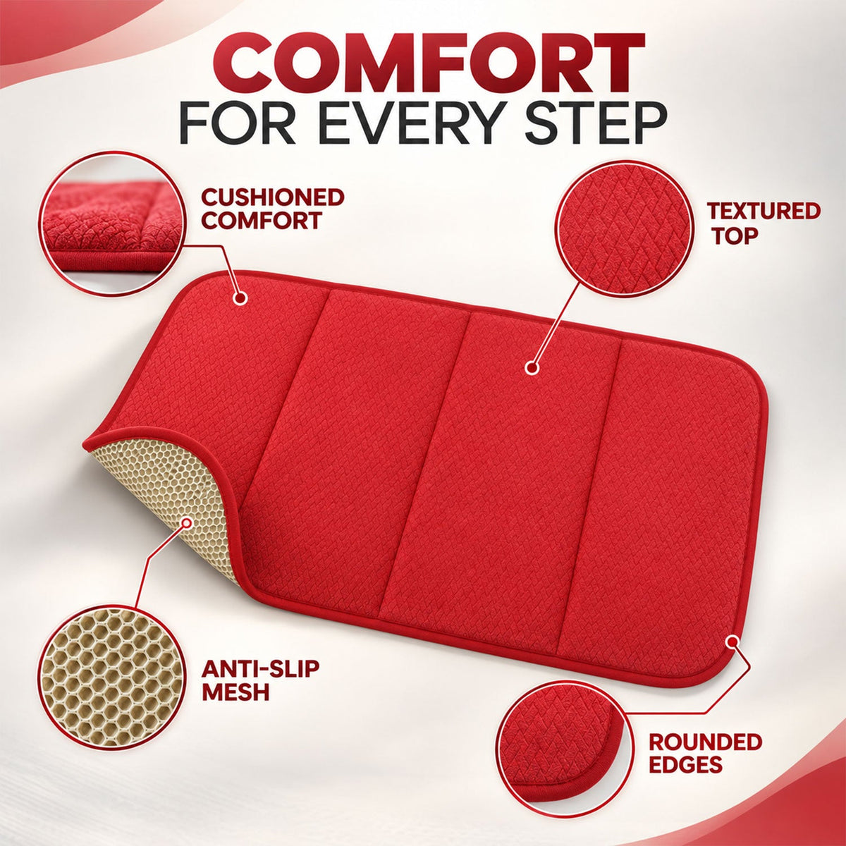 A red rectangular bath mat with four padded sections, showing close-ups of its textured top, rounded edges, and anti-slip