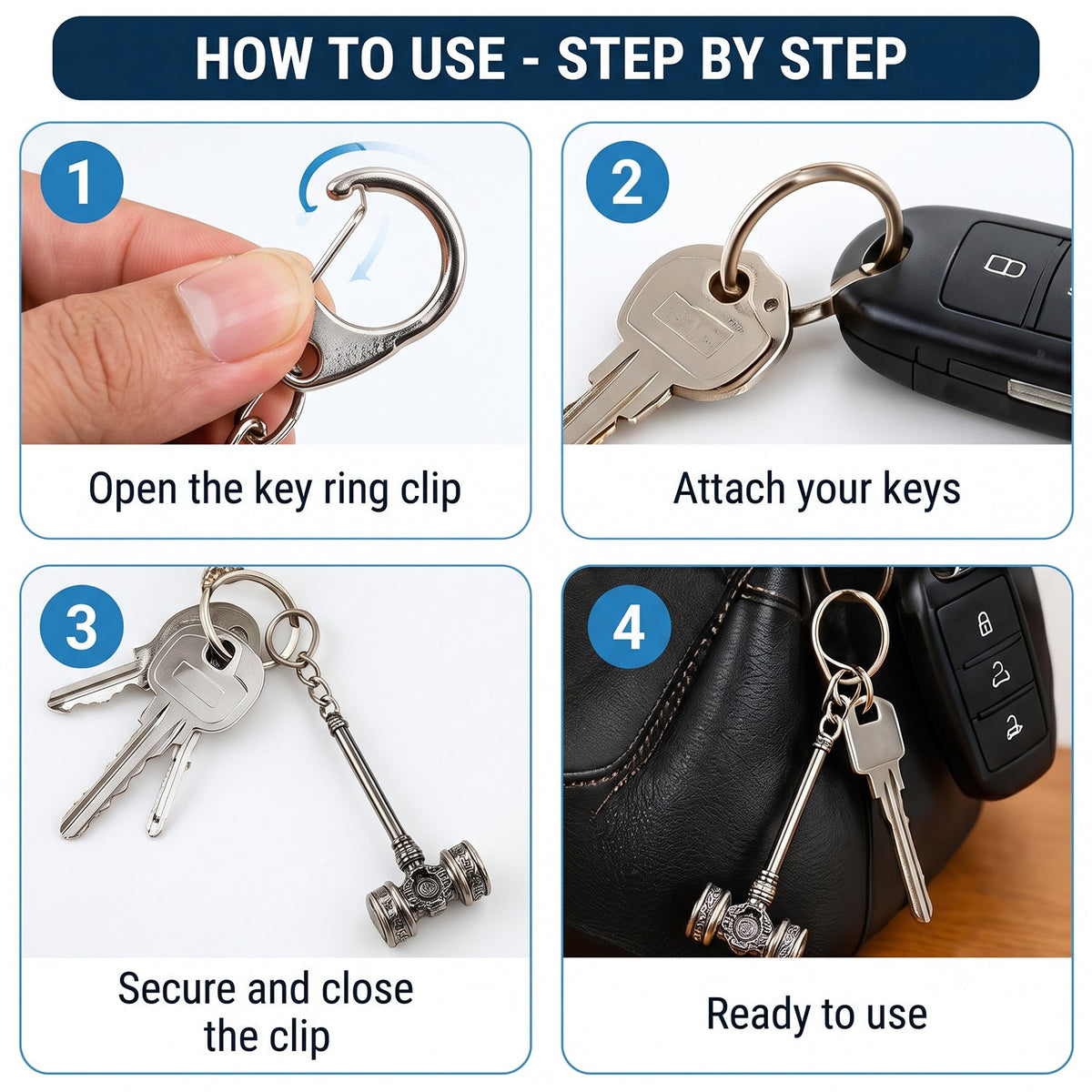 Four-panel graphic showing how to use the keychain: opening the clip, attaching keys, securing the clip, and the finished