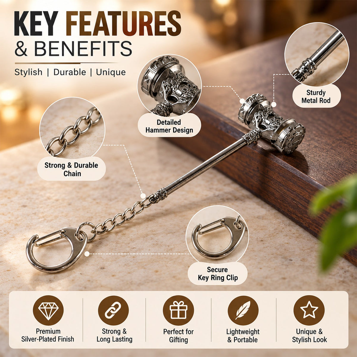 Close-up of the silver-plated hammer keychain with detailed features highlighted: sturdy metal rod, strong chain, and secure
