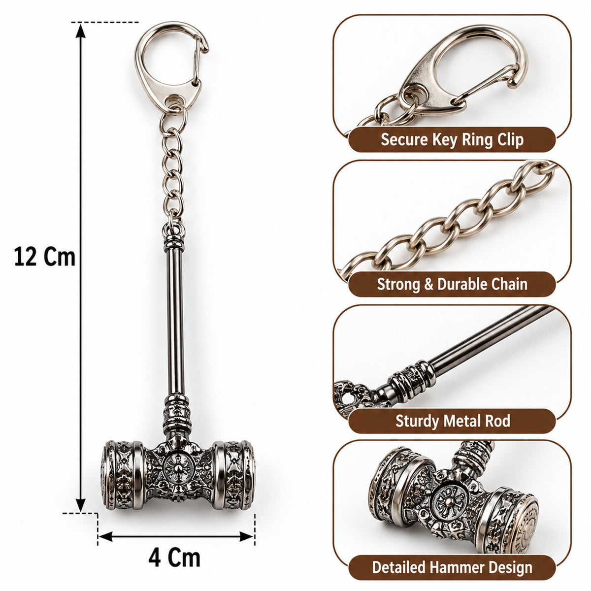Detailed view of the silver-plated hammer keychain with dimensions of 12 cm length and 4 cm width, highlighting its features.