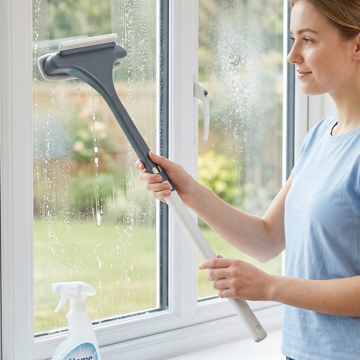 Dual-sided glass cleaning tool with durable handle