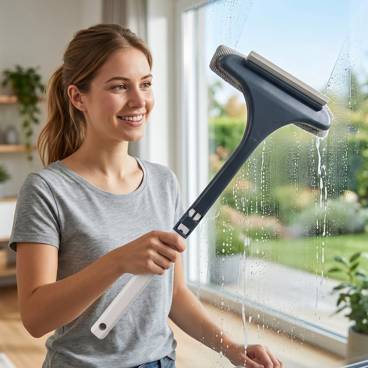 Hand holding 2 in 1 window cleaner for home and car use