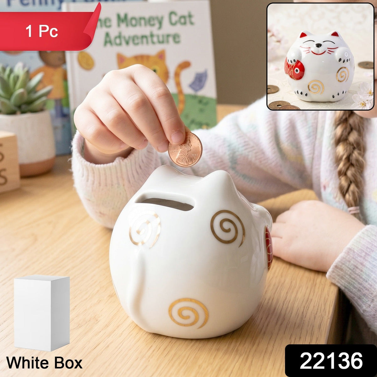 Side view of adorable ceramic cat piggy bank, ideal for home decor and gift.