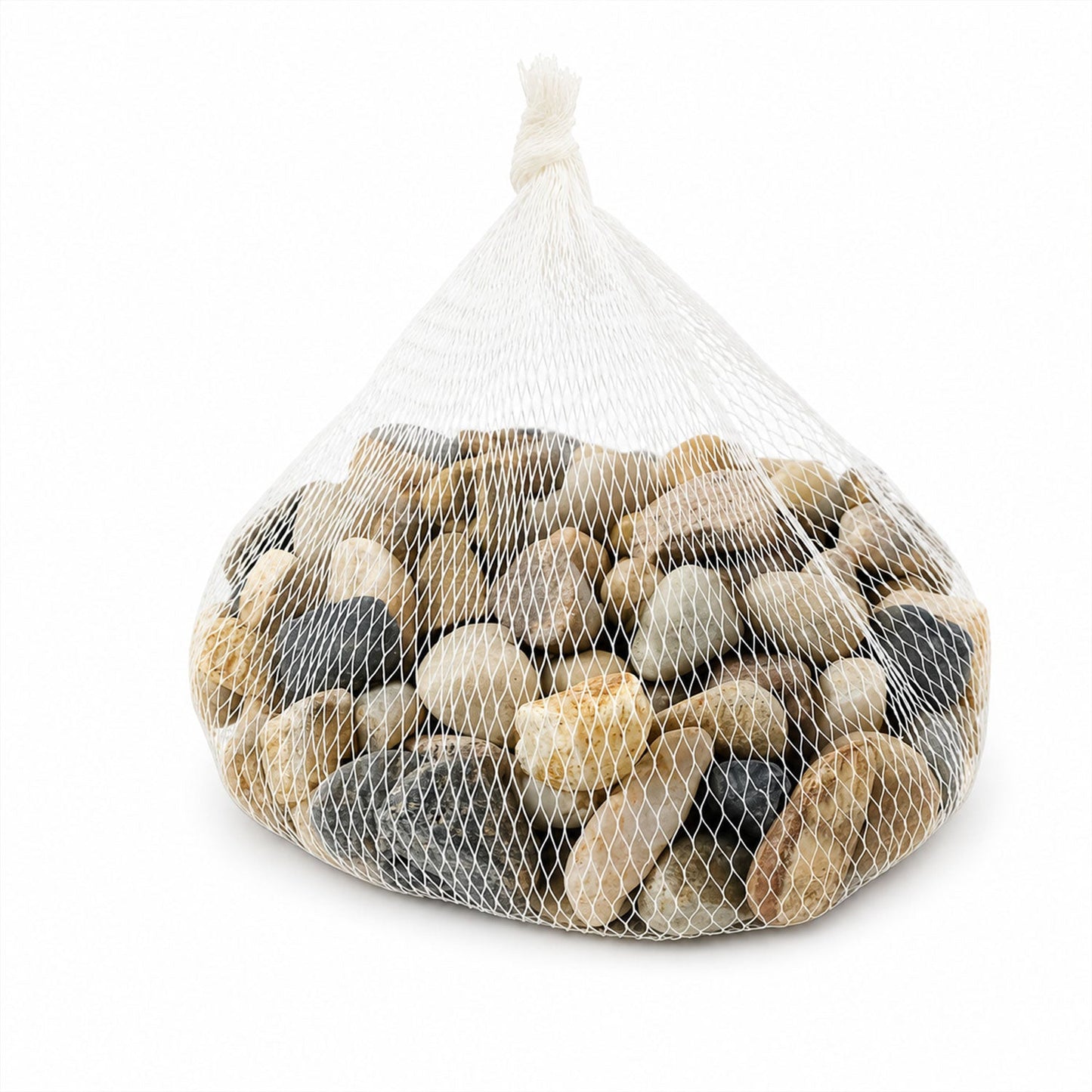 Assortment of decorative natural pebbles scattered on a clean white background.