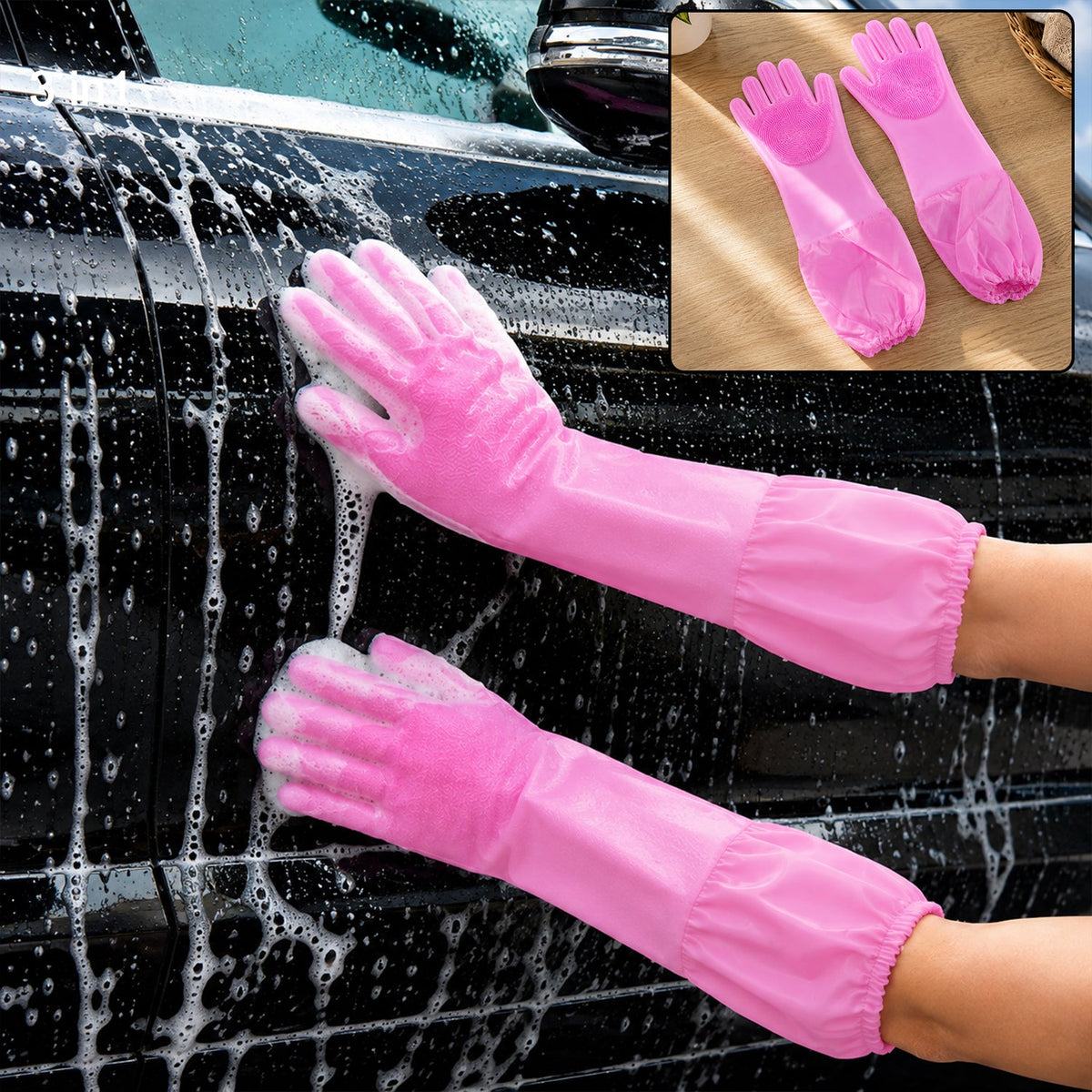 A person wearing pink silicone scrubbing gloves washes a black car, with a small inset showing the gloves. â€“ view 7