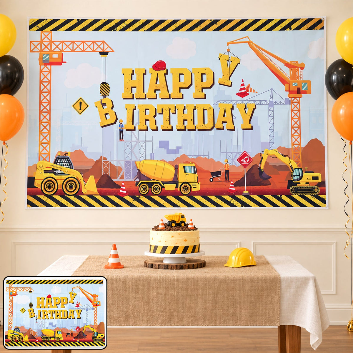 A construction-themed happy birthday banner hangs above a table with a cake and balloons.