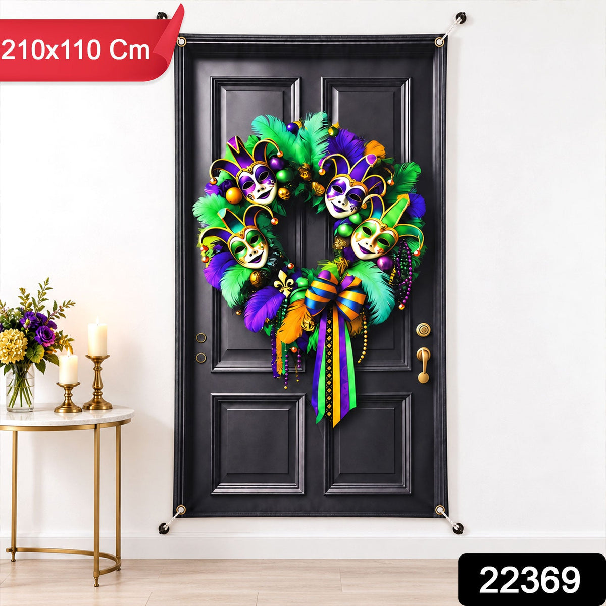 Mardi Gras printed door backdrop with wreath design and 210 x 110 cm size label
