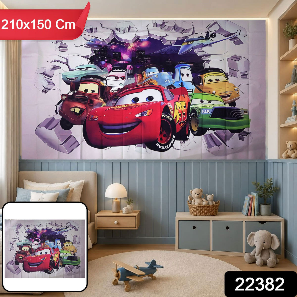 Cartoon racing car backdrop in a child's room with 210 x 150 cm size label