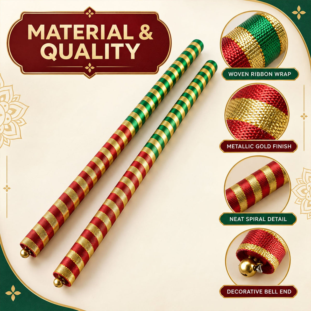 Wooden Dandiya sticks with woven ribbon wrap and metallic finish