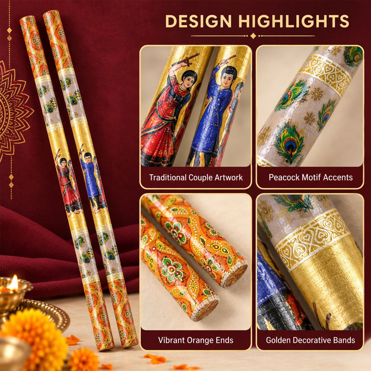 Wooden Dandiya sticks with traditional artwork and peacock motifs