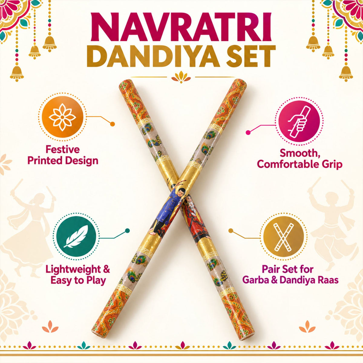 Wooden Dandiya stick features printed design and comfortable grip