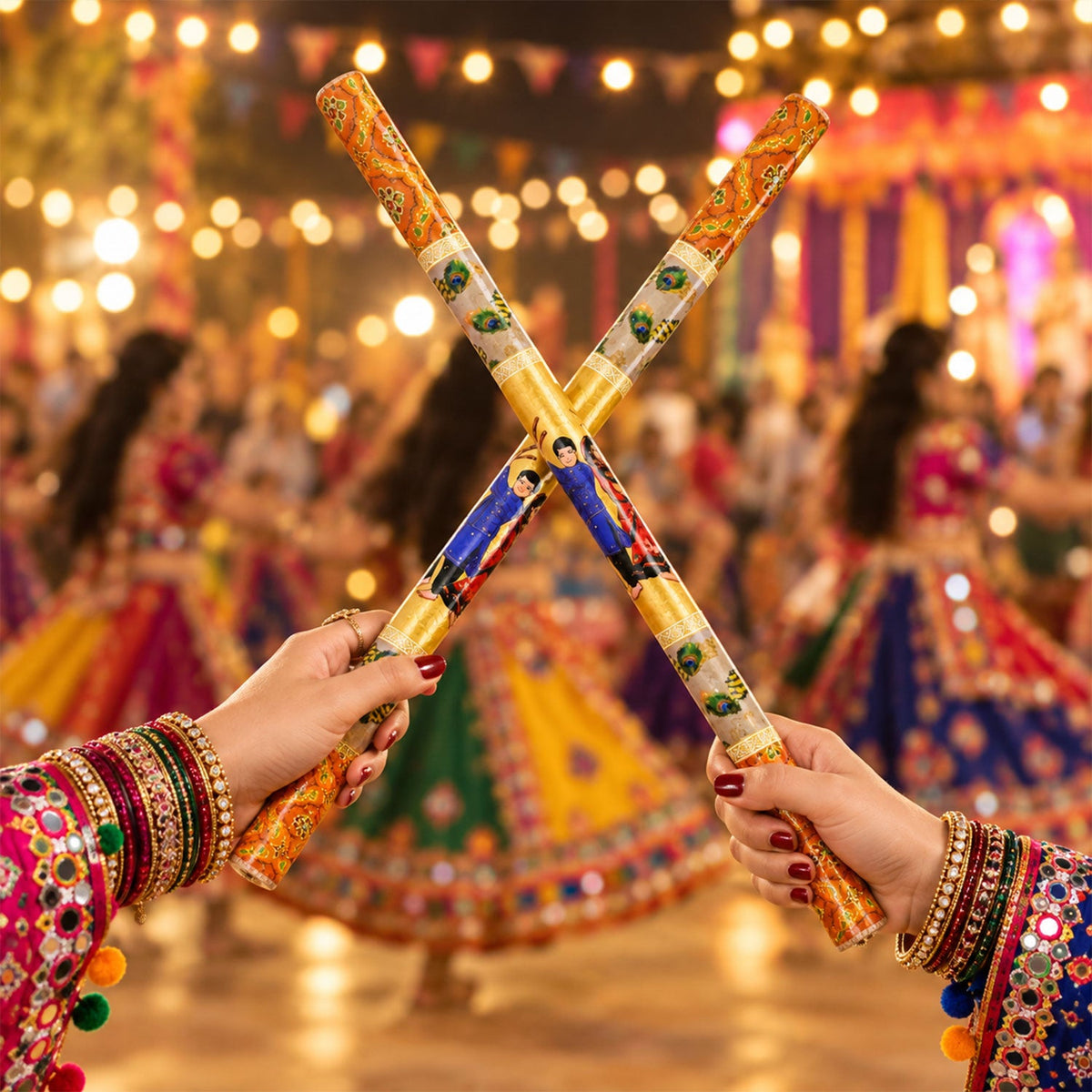 Wooden Dandiya sticks being used for Garba