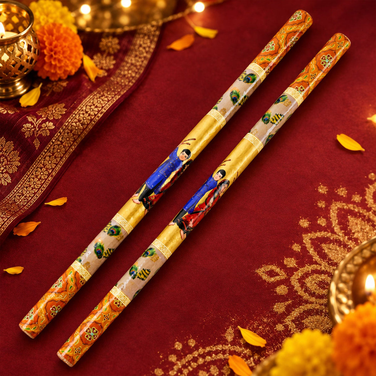 Decorated wooden Dandiya stick pair with festive artwork