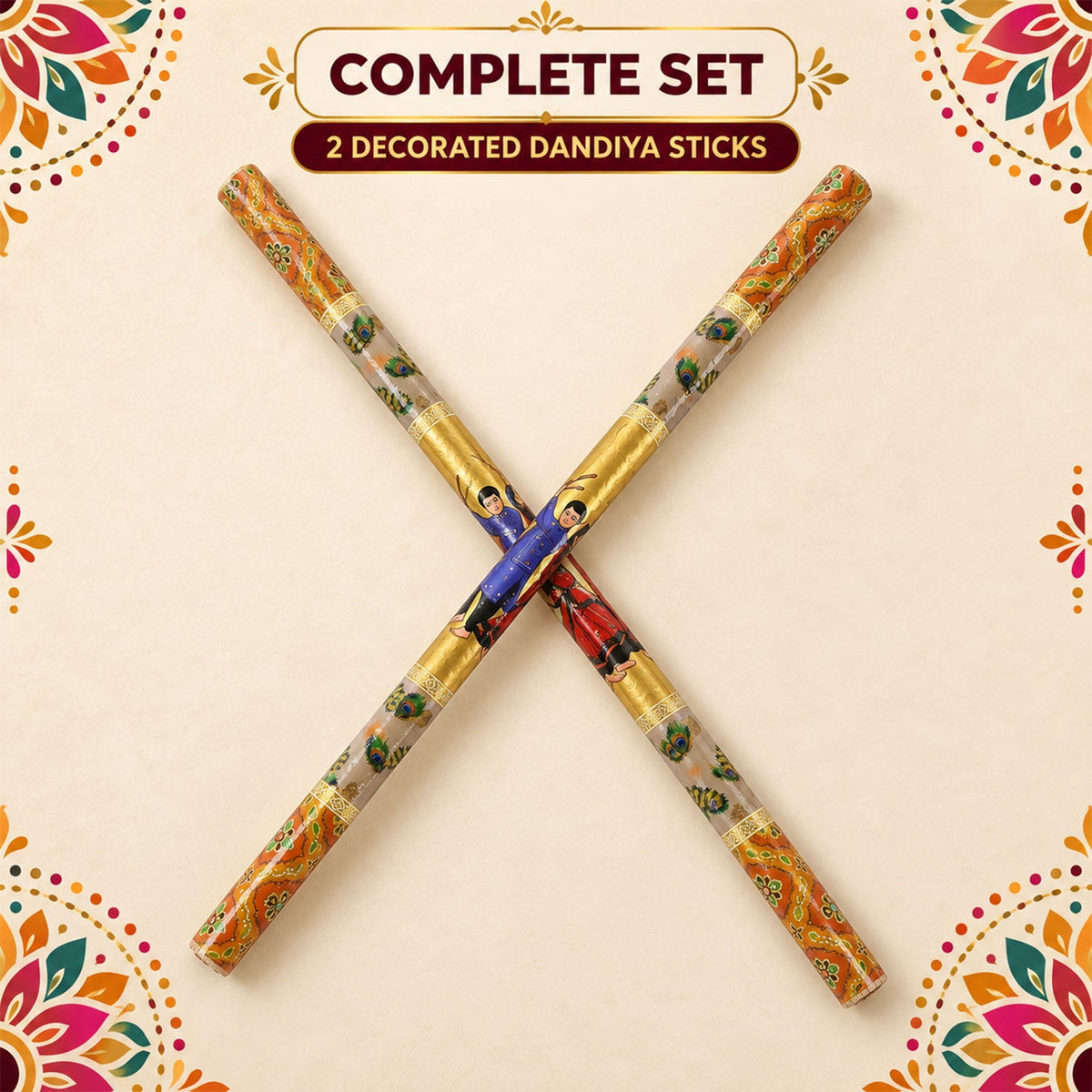 Complete set of two decorated wooden Dandiya sticks