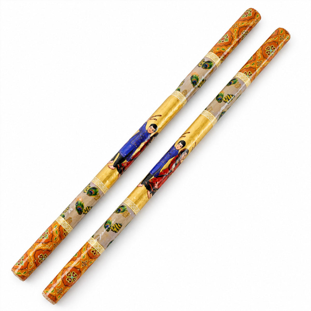 Wooden base Dandiya stick pair on white background