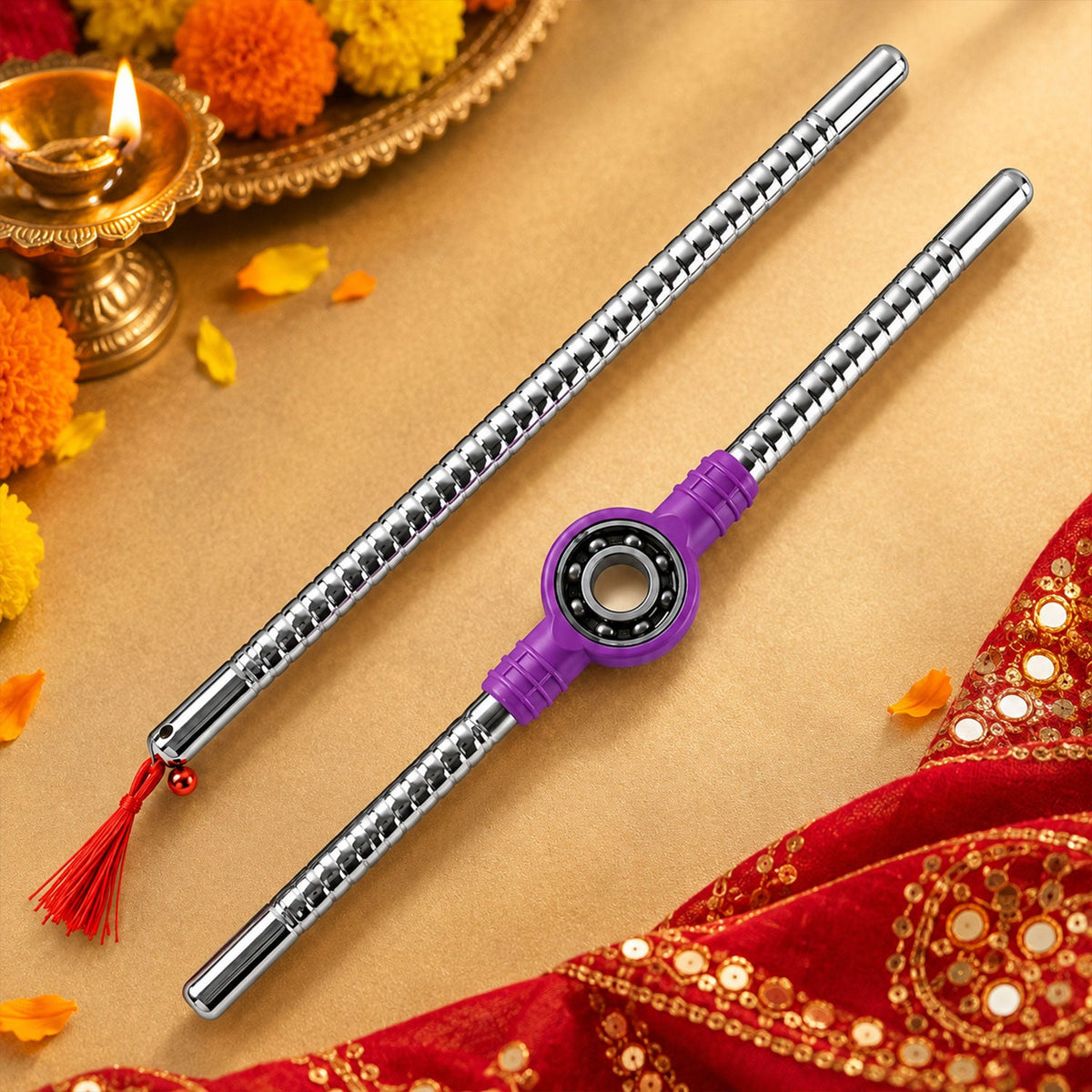 Steel Dandiya sticks with textured grips and tassel