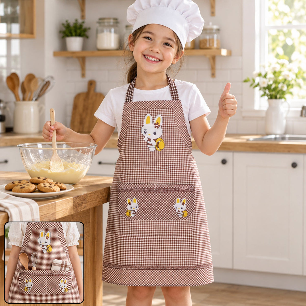 Kids cartoon kitchen cooking apron pockets