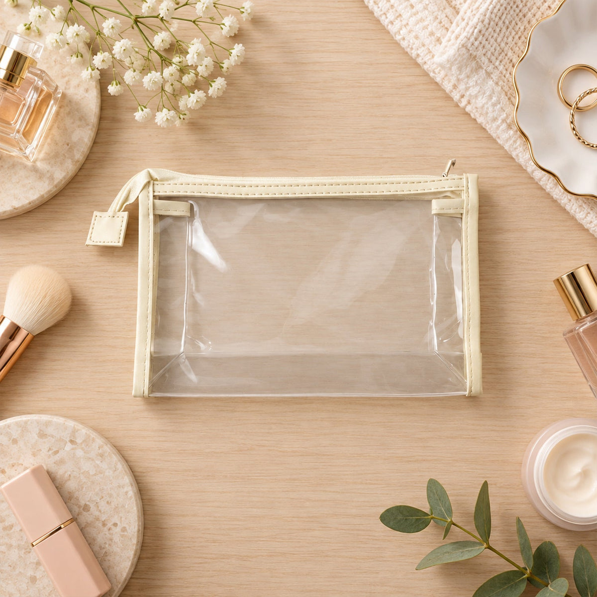 Transparent makeup pouch white bg