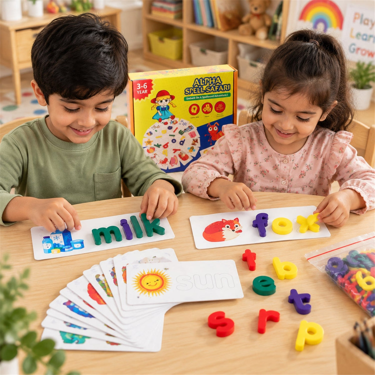 Two children happily playing with colorful letter pieces and word puzzle cards on a light wooden table, with the product box