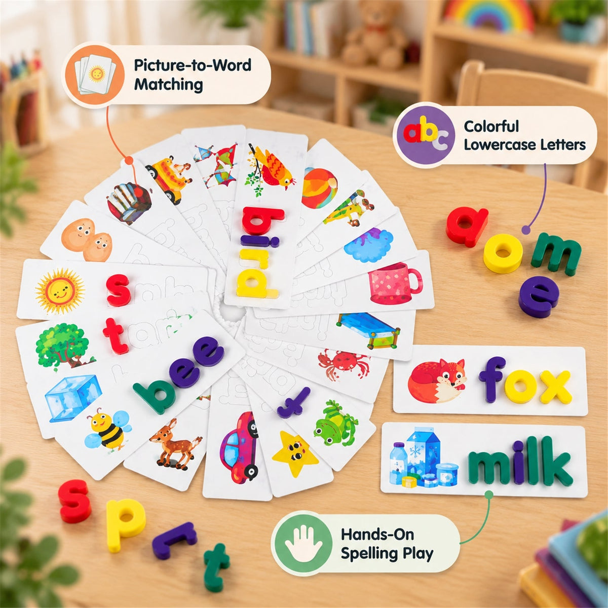 An overhead view of multiple word puzzle cards fanned out, with colorful lowercase letters arranged on some cards.