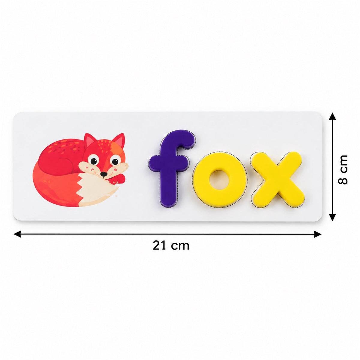 A white word puzzle card with a red fox illustration and the word â€œfoxâ€ spelled out in purple and yellow letters, with