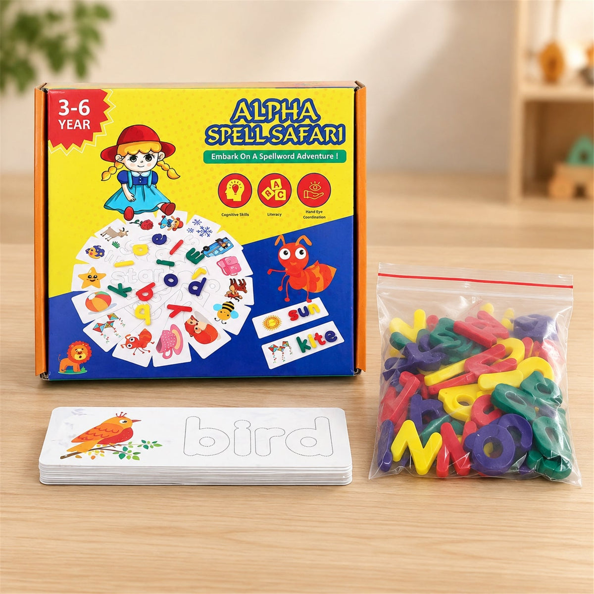 The Alpha Spell Safari product box, a stack of white word puzzle cards, and a clear bag filled with colorful plastic letters