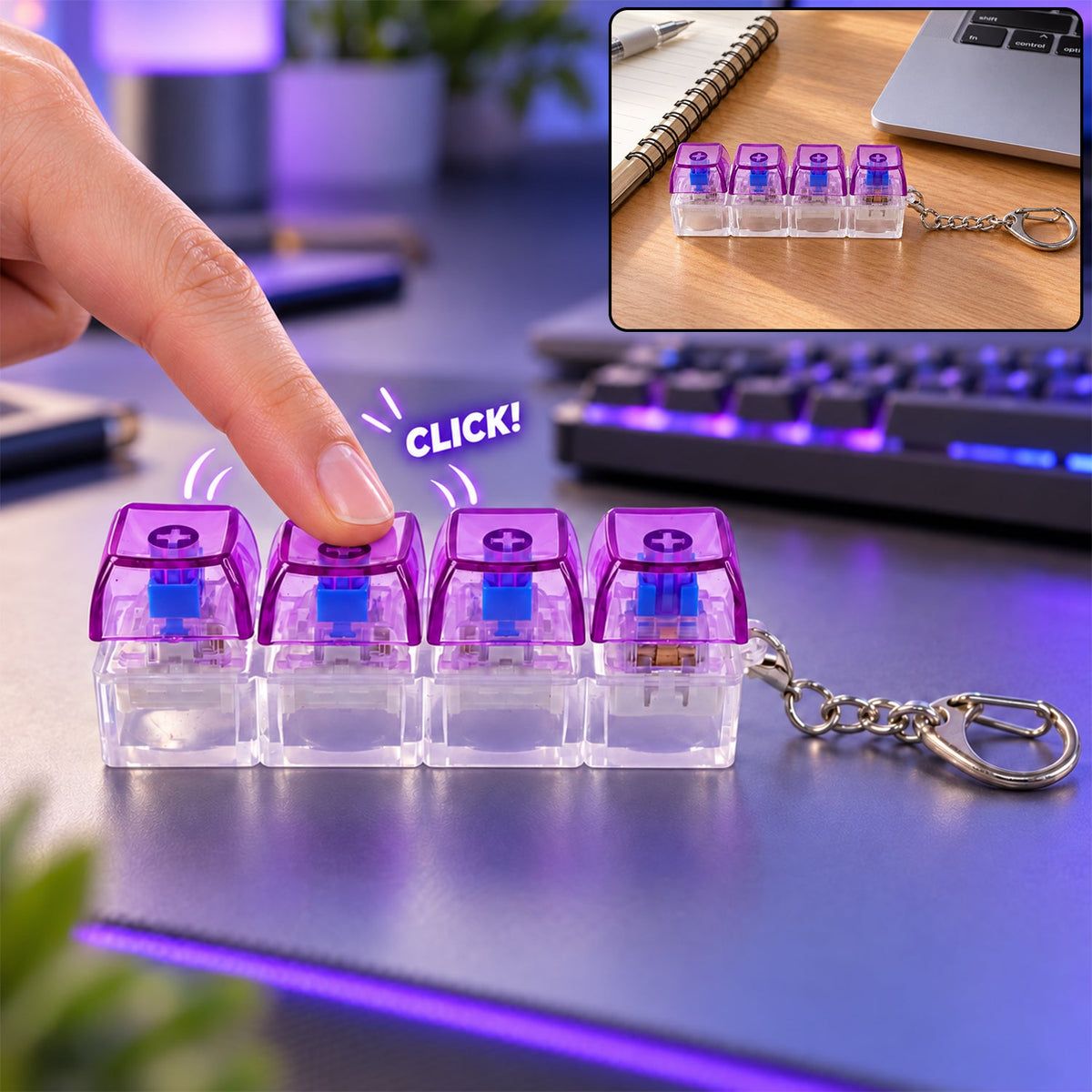 A hand presses a purple and clear four-key keyboard switch keychain, with a smaller inset image showing it on a desk.