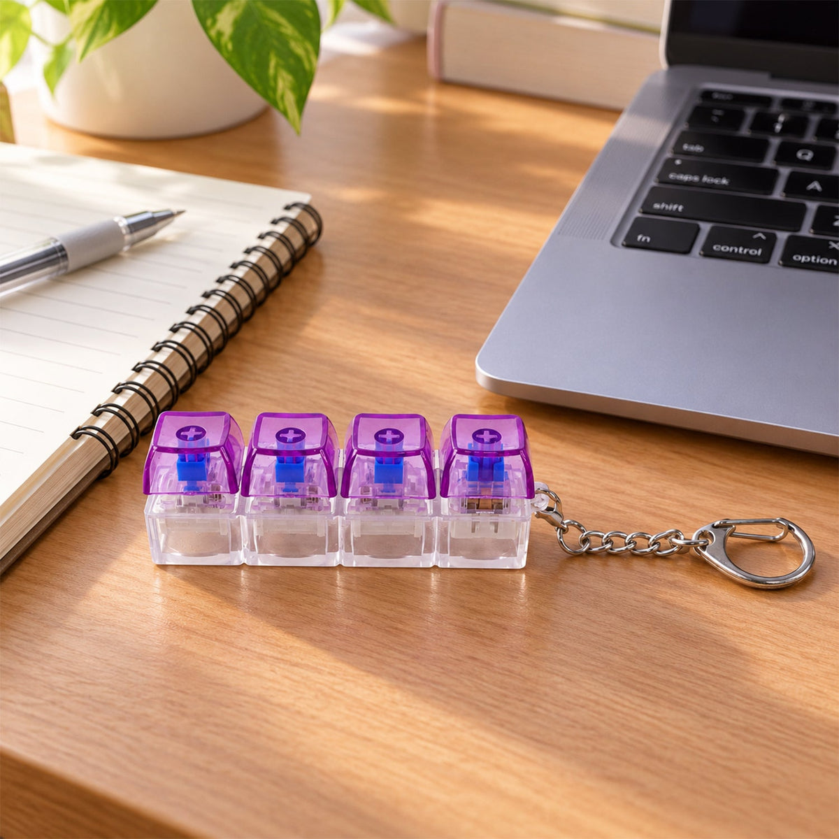 A purple and clear four-key keyboard switch keychain rests on a wooden desk next to a laptop and notebook.