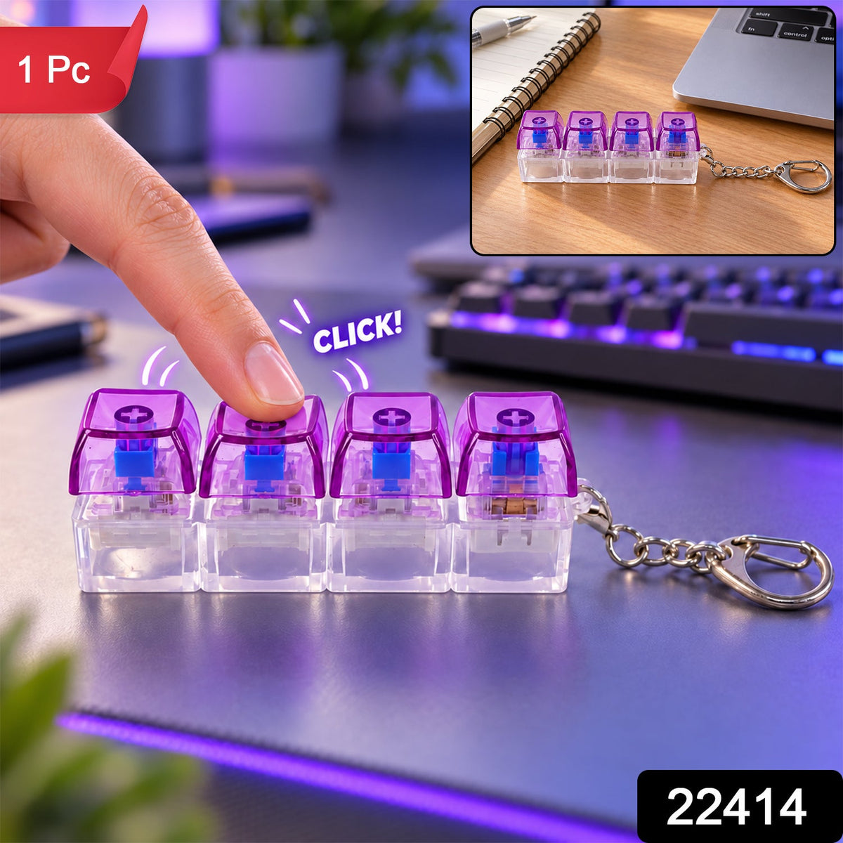 A hand presses a purple and clear four-key keyboard switch keychain, with a smaller inset image on a desk and a "1 Pc" label.