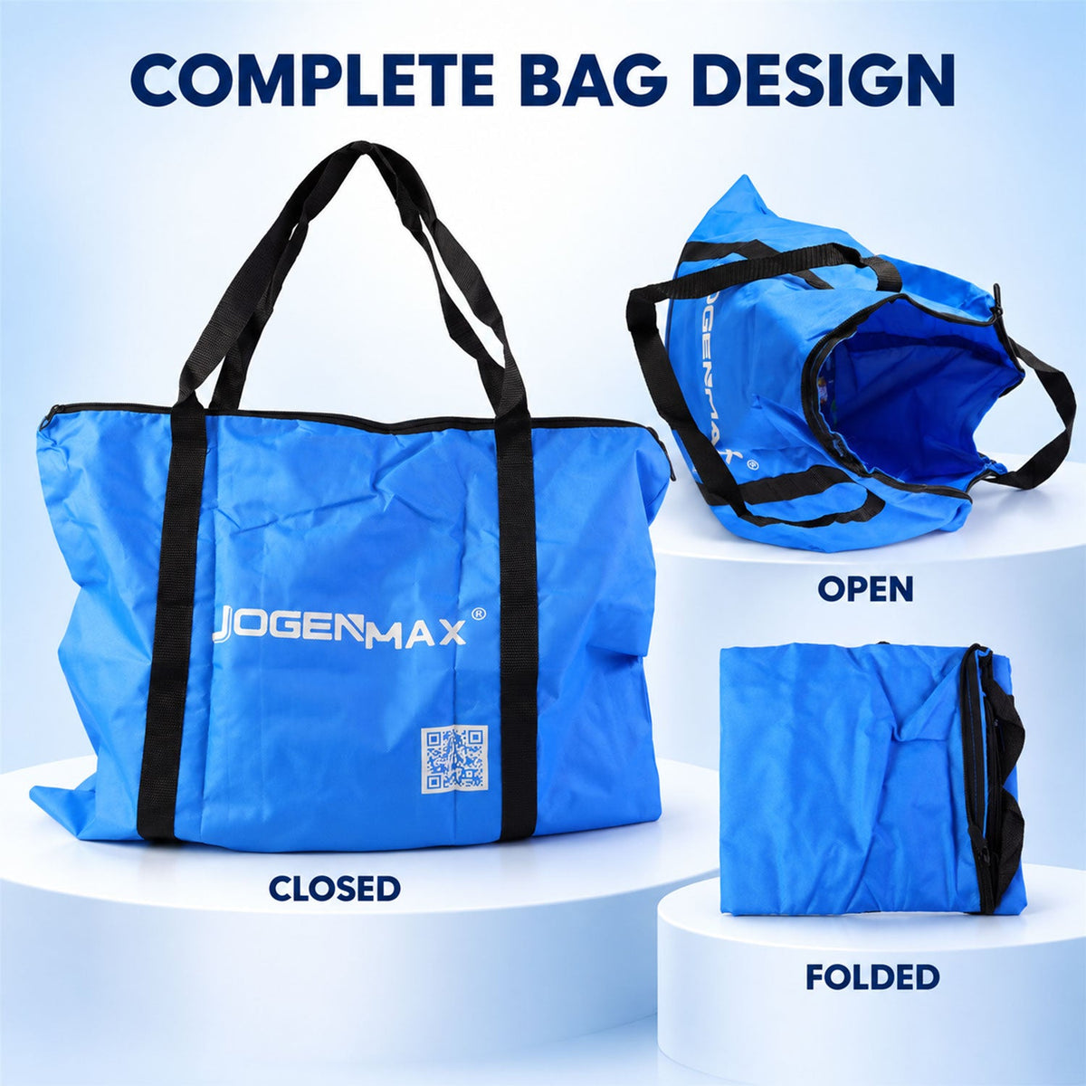 Three views of the blue JOGENMAX bag: closed, open with visible interior, and neatly folded into a compact shape.