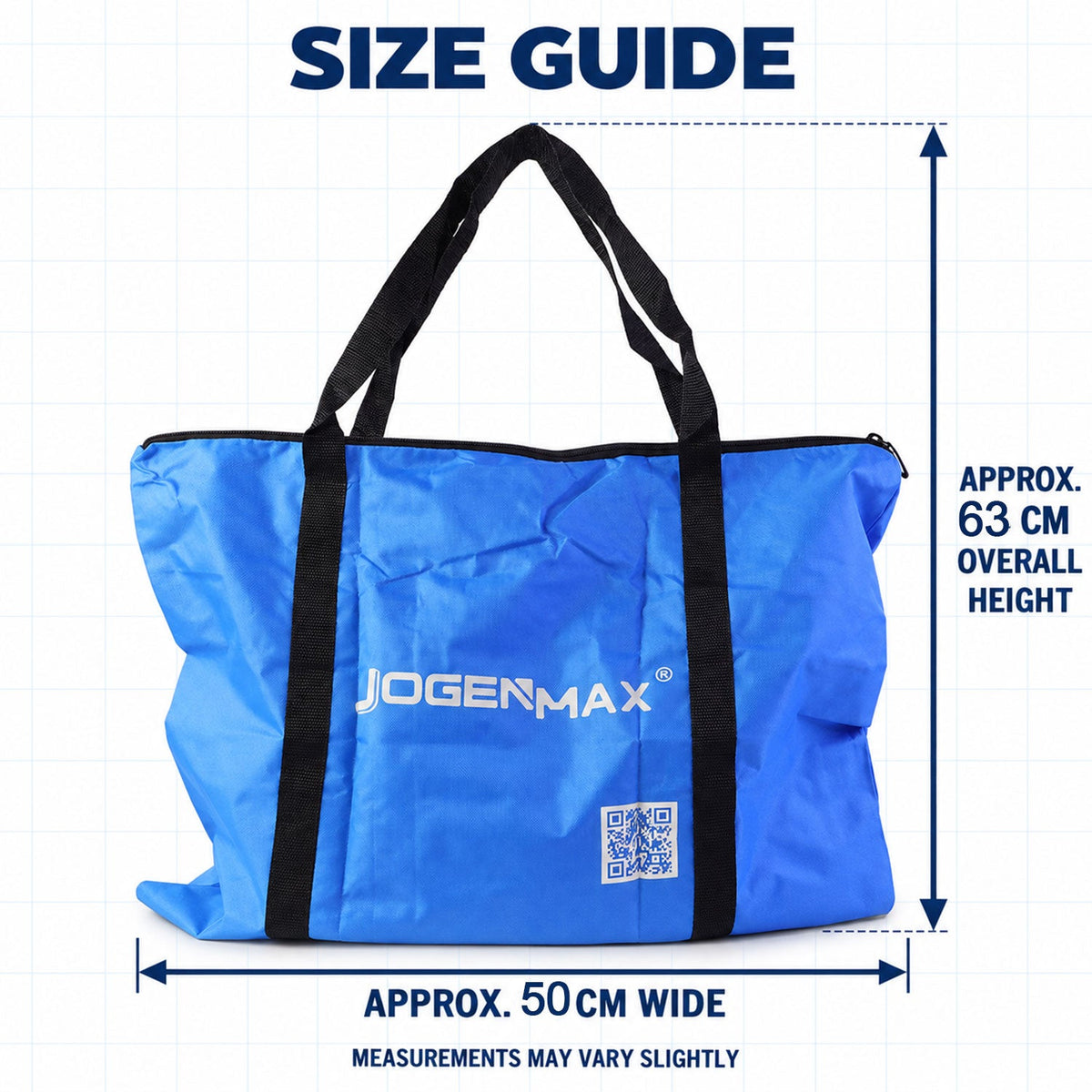 A blue JOGENMAX storage bag with black handles is shown with measurement overlays indicating its approximate width and