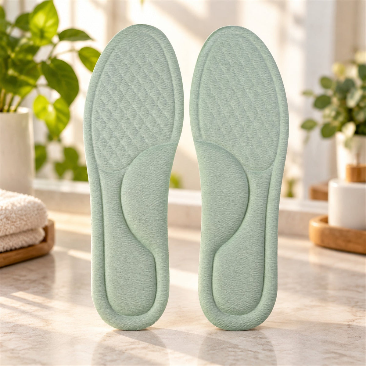 A pair of light green shoe insoles with textured forefoot and arch support, standing upright on a bathroom counter.