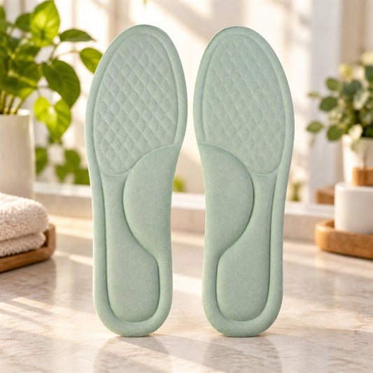 A pair of light green shoe insoles with textured forefoot and arch support, standing upright on a bathroom counter.