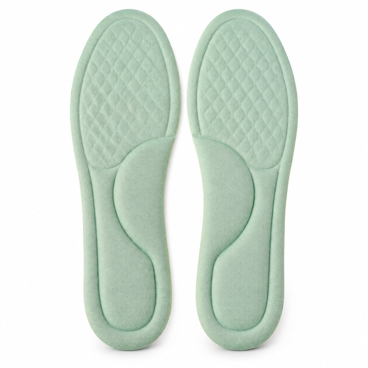 A pair of light green shoe insoles, featuring a textured forefoot and arch support, displayed against a plain white