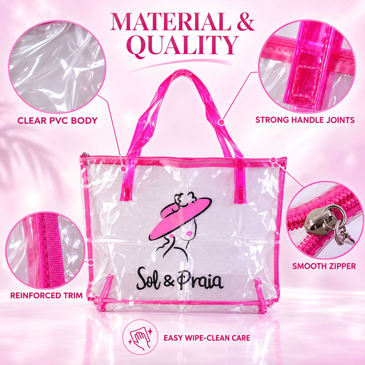 Clear PVC Storage Tote Bag with Top Zipper and Easy Carry Handles for Travel