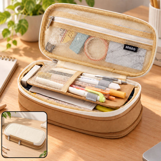 An open beige canvas pencil case with pens, highlighters, and small stationery items inside, on a wooden desk.