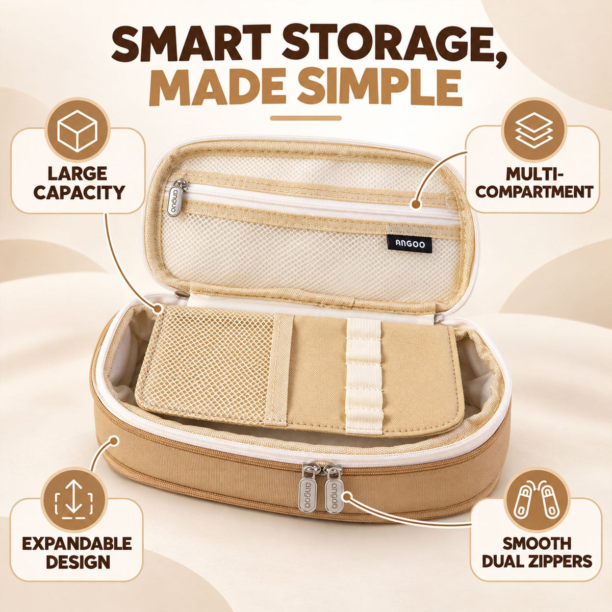 An open beige pencil case highlighting its large capacity, multi-compartment, expandable design, and smooth dual zippers.